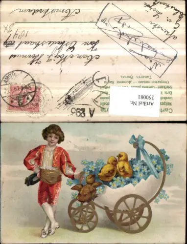 250081,Präge Litho AK Ostern Junge m. Wagen aus Eierschale Eierwagen Küken Vergissmeinnicht