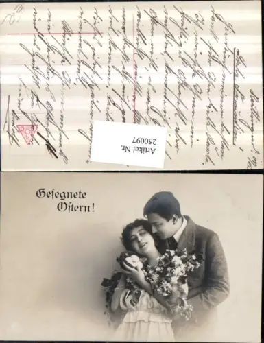 250097,Ostern Mann u. Frau Blumenzweige Blumen Eier Korb