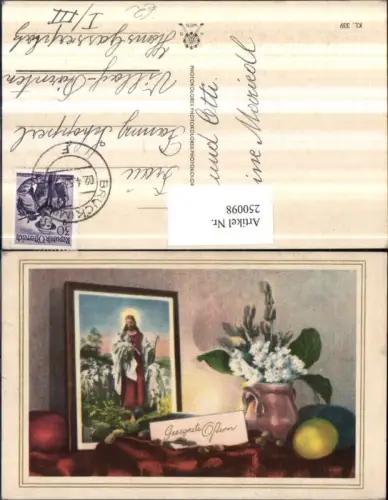 250098,Ostern Bild von Jesus m. Schafe Lamm Krug Blumen Palmzweige Ostereier