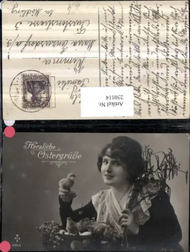 250114,Ostern Frau m. Zweige Birkenfrüchte Nest Küken