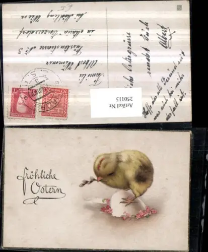 250115,Ostern Küken m. Palmkätzchen Palmzweig im Schnabel Blumen zerbrochenes Ei