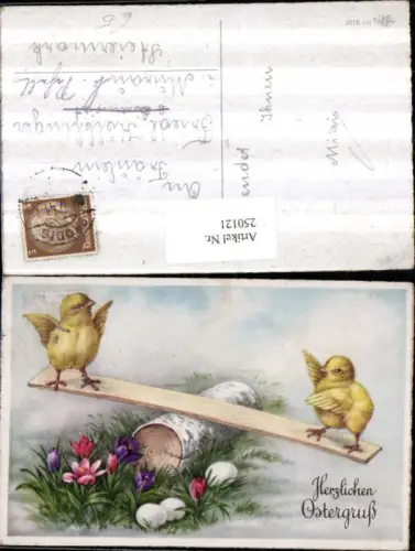 250121,Ostern Küken auf einer Wippschaukel Holzbrett Blumen Krokusse Eier pub Erika 2107