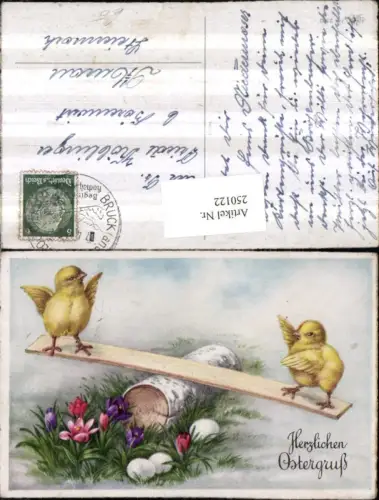250122,Ostern Küken auf einer Wippschaukel Holzbrett Blumen Krokusse Eier pub Erika 2107