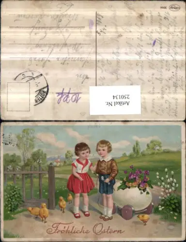 250134,Ostern Junge m. Eierwagen Wagen Blumen Palmkätzchen Mädchen m. Kleid Küken Landschaft