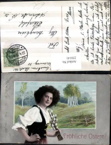 250141,Ostern Landschaft Passepartout Frau m. Palmzweige Palmkätzchen