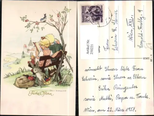 250221,Künstler AK Ch. v. Schwind Ostern Kinder b. Lesen liest Holzbank Osterhase Hase Puppe Eier