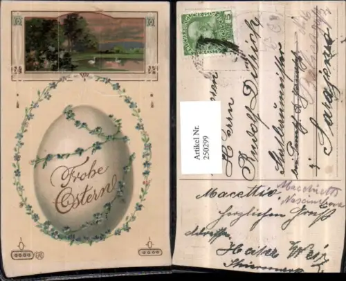 250299,Präge Litho AK Ostern Landschaft Schwäne Passepartout Ei Blumengirlande