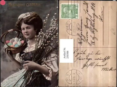 250306,Ostern Frau m. Palmzweige Palmkätzchen Korb Ostereier Eier