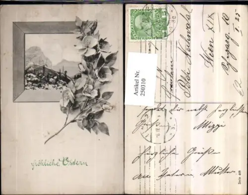 250310,Ostern Landschaft Bergkulisse Passepartout Blütenzweig