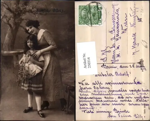 250314,Ostern Frau Mutter m. Kind Küken Palmzweige Birkenkätzchen