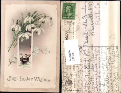 258588,Präge Litho AK Ostern Ruderboot Segelboot Passepartout Schneeglöckchen Schneeglocken