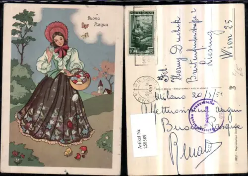 258589,Künstler AK Ostern Frau m. Hut Kleid Korb Ostereier Eier fallen runter Küken Schmetterlinge