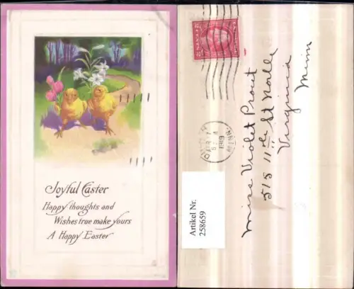 258659,Präge AK Ostern Küken m. Blumen Tulpen Weg