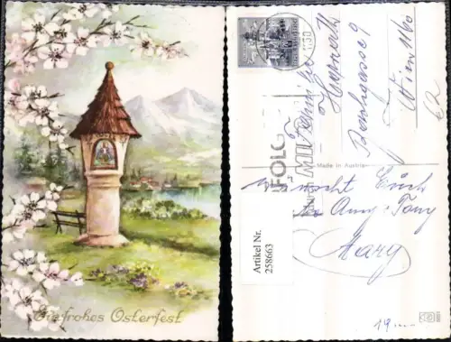 258663,Künstler AK Ostern Bildstöckl Bildstock Bergkulisse Blütenzweige