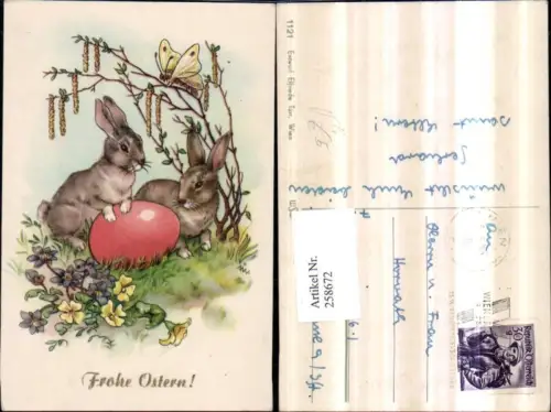 258672,Künstler AK Elfriede Türr Ostern Hasen rotes Osterei Ei Blumen Schmetterling