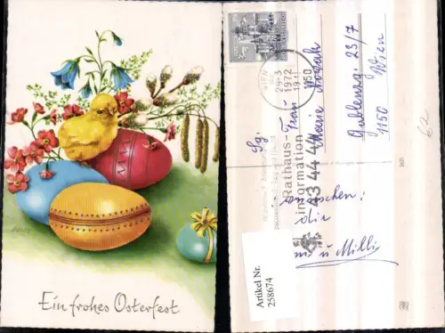 258674,Künstler AK Beisse Ostern Ostereier Eier Küken Blumen Glockenblume Palmkätzchen