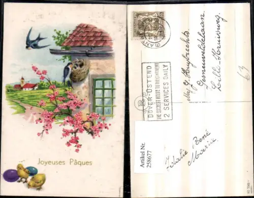 258677,Ostern Schwalben Vögel Nest Dachrinne Blütenzweige Küken Ostereier