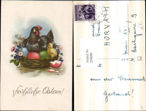 258680,Ostern Huhn Henne im Nest Küken Ostereier Eier Blumen Palmkätzchen