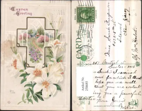 258685,Präge Litho AK Ostern Landschaft Kirche Veilchen Passepartout Kreuz Blumen