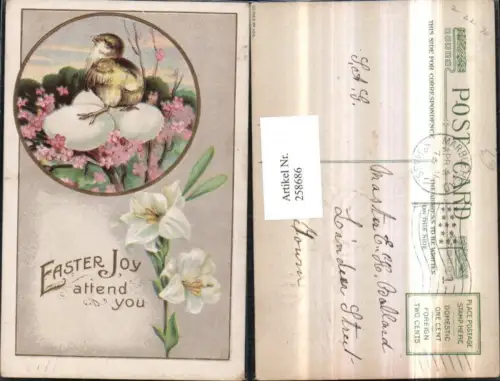 258686,Präge AK Ostern Küken Eier Blütenzweige Passepartout Blumen