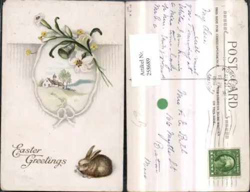 258689,Künstler Präge AK Ostern Landschaft Kirche Passepartout Blumen Glocke Hase