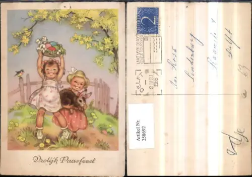 258692,Künstler AK Ostern Kinder Mädchen in Kleider Hase Osternest Eier Blütenzweige