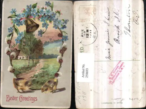 258693,Präge AK Ostern Landschaft Wegpartie Passepartout Vergissmeinnicht Glocke Palmkätzchen Küken