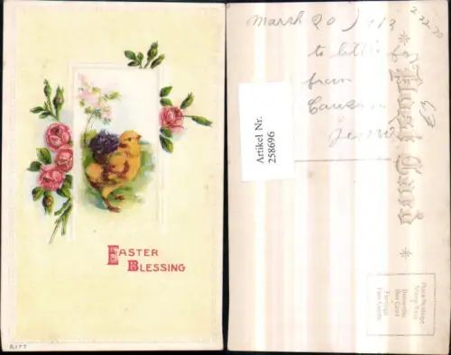 258696,Präge AK Ostern Küken Korb Veilchen Blumen Passepartout Rosen