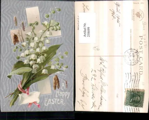 258699,Präge AK Ostern Kreuz Märzenbecher Blumen Schleife