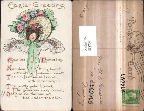 258701,Präge AK Ostern Mädchenkopf Hut Hutmode Blumen Schleife Text Spruch