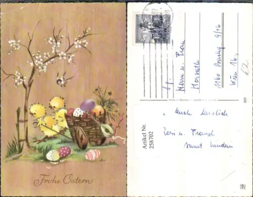 258702,Künstler AK Ostern Küken m. Leiterwagen Ostereier Eier Mandoline Vogel Baumblüte