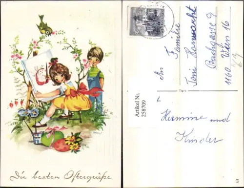 258709,Künstler AK Hasi Ostern Mädchen b. Malen Staffelei Pinsel Blumen Ostereier Vogel