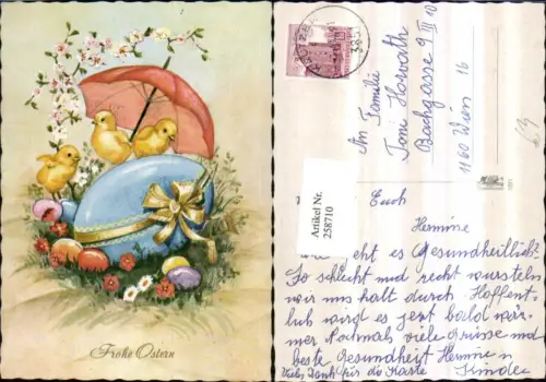 258710,Künstler AK Ostern Küken m. Schirm Osterei Ei Schleife Blumen Blütenzweige
