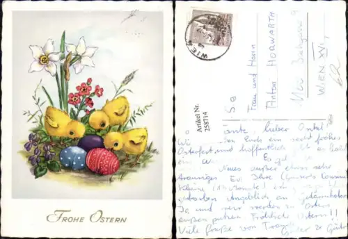 258714,Künstler AK Ostern Küken Ostereier Eier Veilchen Narzissen Blumen