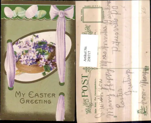 258717,Präge Litho AK Ostern Blumen Veilchen Passepartout Ei Schleife
