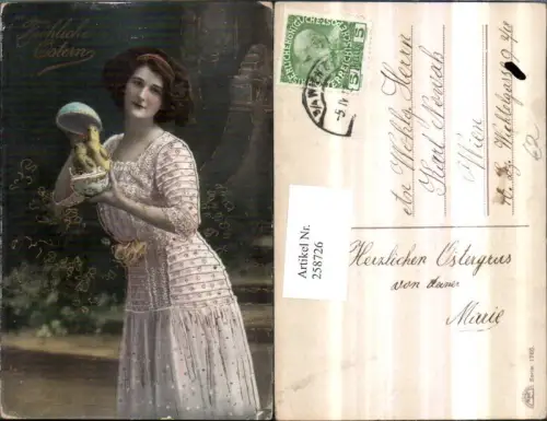 258726,Ostern Goldverzierung Frau m. Kleid aufklappbares Ei Küken