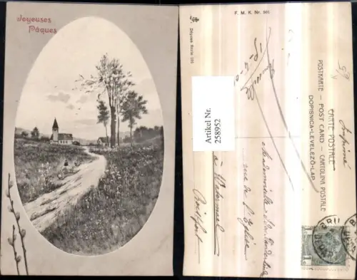 258952,Künstler AK Joyeuses Paques Ostern Landschaft Wegpartie Kirche Passepartout Ei Palmkätzchen