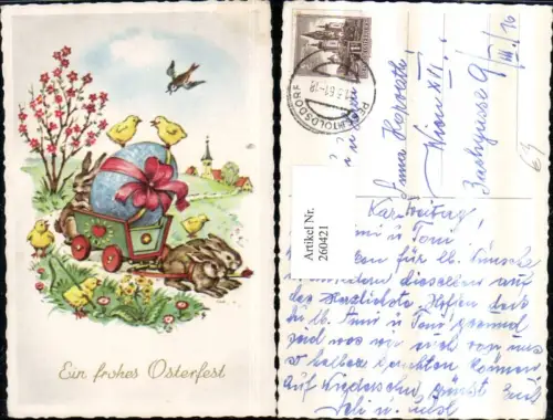 260421,Künstler AK Ostern Hasen Leiterwagen Osterei Schleife Küken Peitsche Blütenstrauch