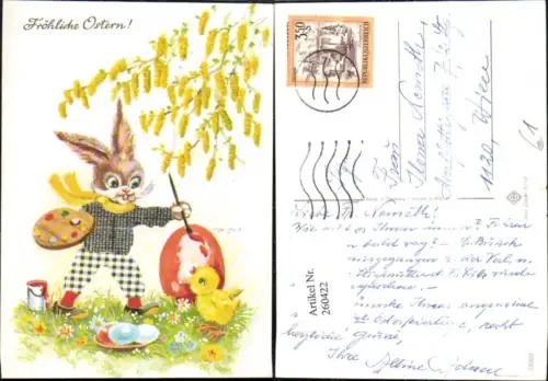 260422,Künstler AK Ostern Hase vermenschlicht Maler m. Farbpalette Pinsel Farbe Eier Küken
