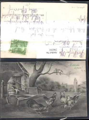 290391,Künstler Ak Ostern R. Wörtic Hahn Hühner Brunnen Haus Vögel