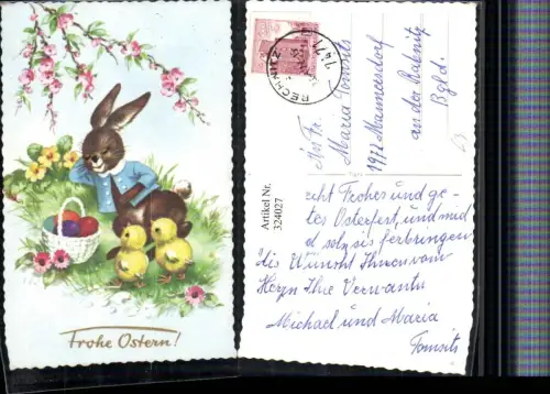 324027,Künstler AK Ostern Osterhase Hase schläft Küken Ostereier Korb Blumen