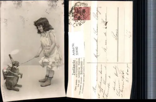 324102,Künstler AK Ostern Mädchen m. Kleid Osterhase Hase Rückenkorb Eier