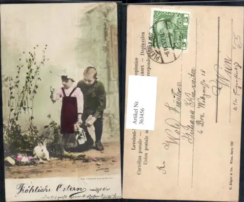 363456,Ostern Kinder m. Puppe Hase Osternest Ostereier Blumen Strauch pub G. Rüger Co Wien 733
