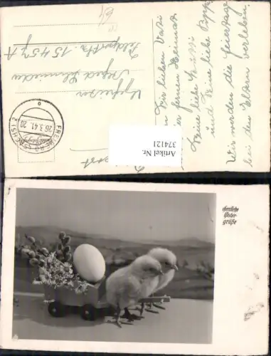 374121,Ostern Küken ziehen Leiterwagen m. Eier Ostereier Blumen Feldpost 15457 A Freiberg Sachsen