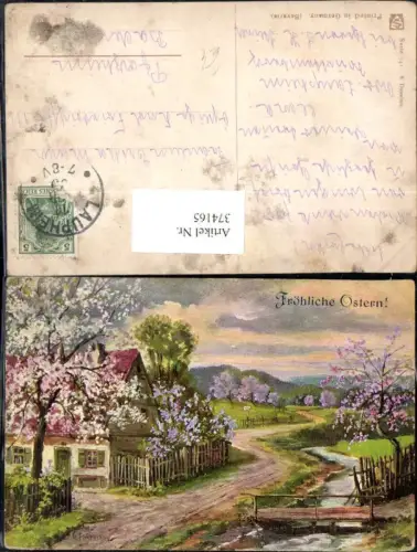 374165,Künstler Ak G. Fuhrmann Ostern Haus Weg Landschaft Brücke Baumblüte