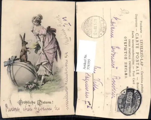 374195,Künstler Ak Ostern Hase m. Briefkuvert Frau Osterei Ei m. Schleife