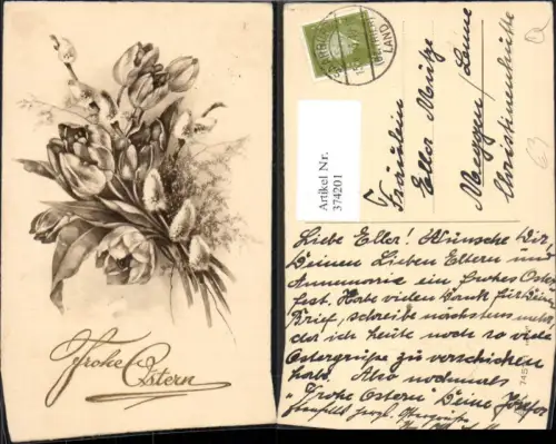 374201,Ostern Strauß Tulpe Palmkätzchen Goldschrift