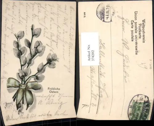 374202,Ostern Palmkätzchen Schleife Goldverzierung