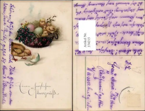 374215,Ostern Korb m. Küken Ostereier Eier Palmkätzchen Schleife