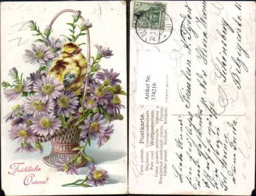 374216,Präge Ak Ostern Korb m. Blumen Küken